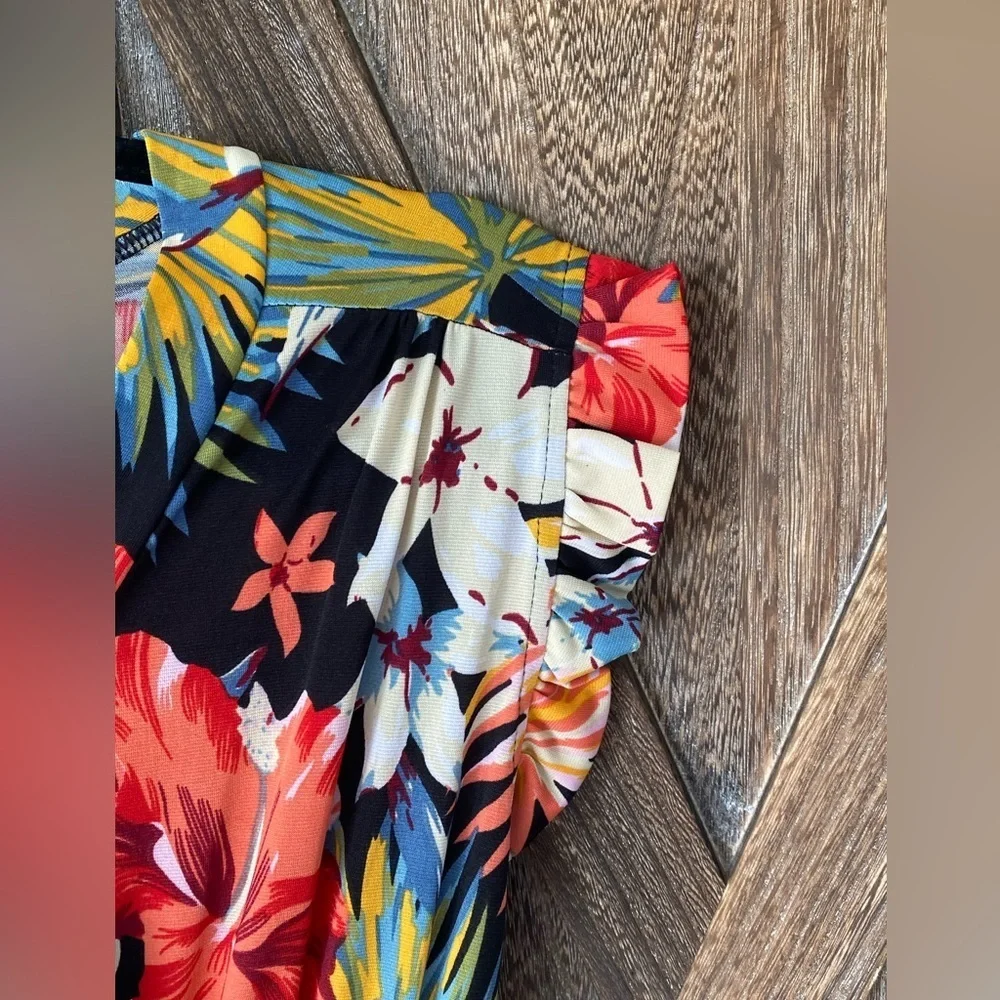 Size Medium Gorgeous Tropical Midi Stretch Waist Floral Black Red Dress - Picture 3 of 9